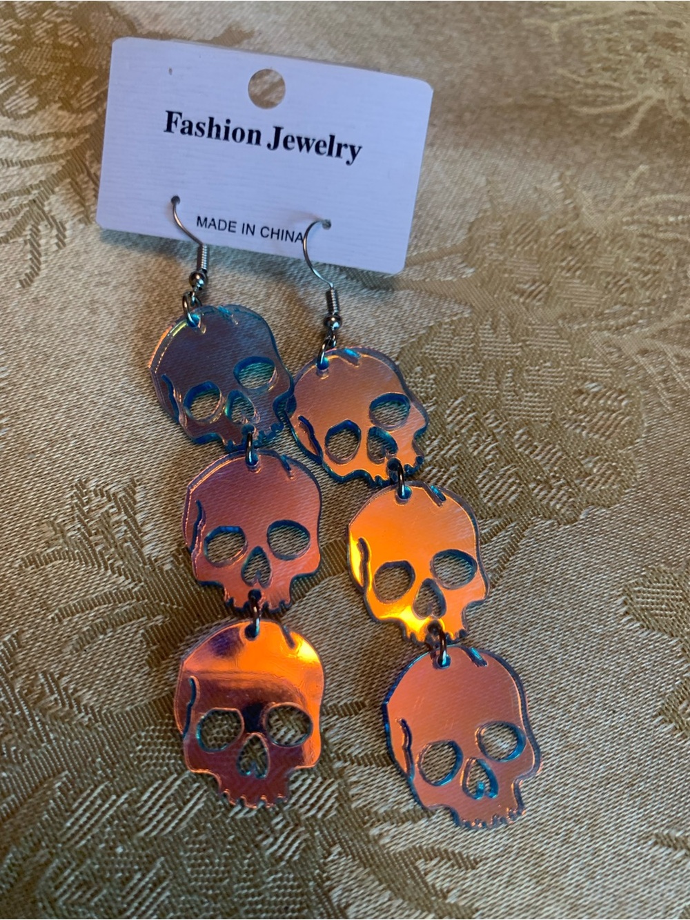 ANAZINGLY Iridescent Orange Skull Drop Earrings